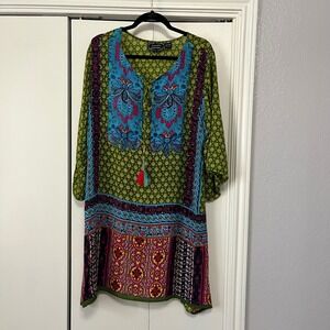 Ananda's Collection Womens 1X Green Boho Paisley Tassel Rayon Tunic Dress India